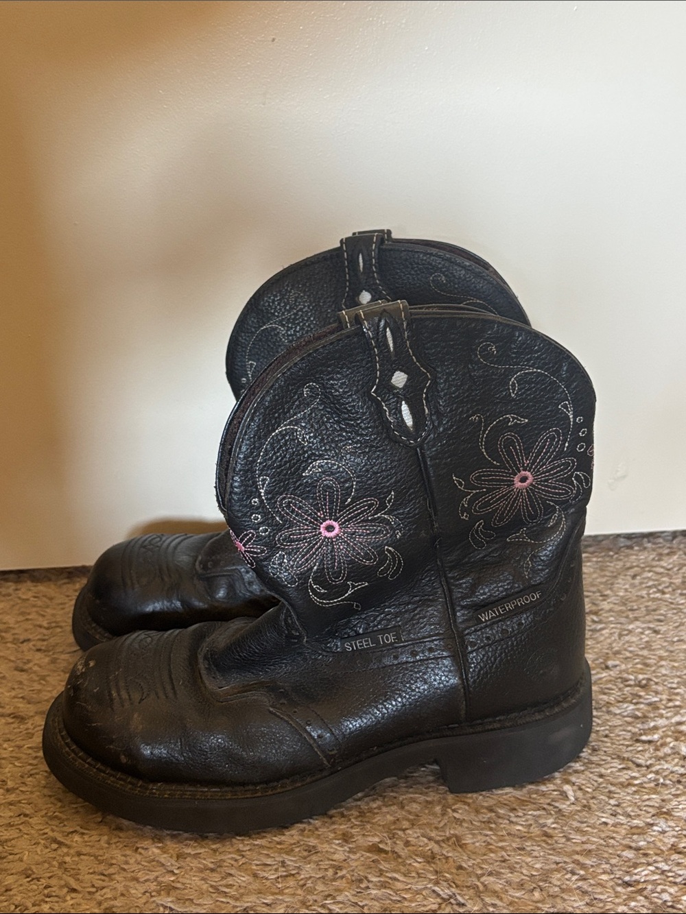 Justin Boots Black Leather Western Work Boots with Pink Flower Stitching - Picture 4 of 4